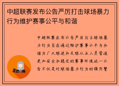 中超联赛发布公告严厉打击球场暴力行为维护赛事公平与和谐