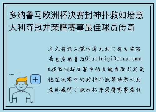 多纳鲁马欧洲杯决赛封神扑救如墙意大利夺冠并荣膺赛事最佳球员传奇