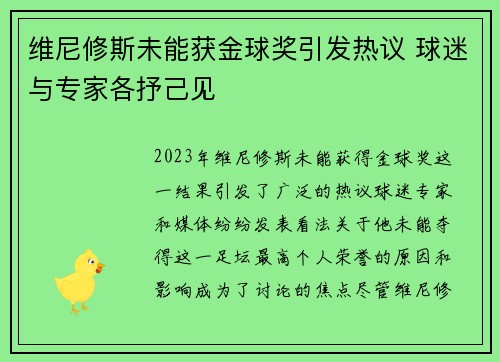 维尼修斯未能获金球奖引发热议 球迷与专家各抒己见
