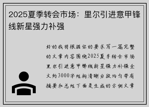 2025夏季转会市场：里尔引进意甲锋线新星强力补强