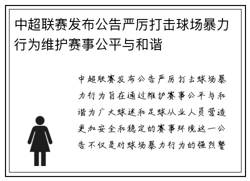 中超联赛发布公告严厉打击球场暴力行为维护赛事公平与和谐