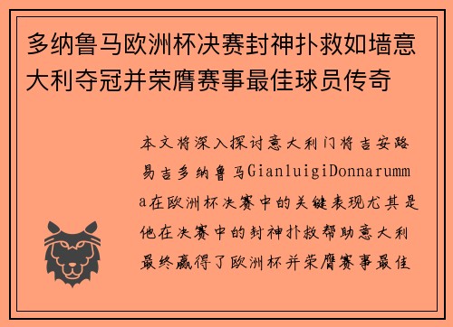 多纳鲁马欧洲杯决赛封神扑救如墙意大利夺冠并荣膺赛事最佳球员传奇